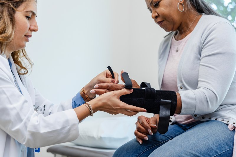 Female orthopedist fits her patient with a wrist splint - stock photo
The female orthopedist fits her patient with a wrist splint after she sustained an injury.